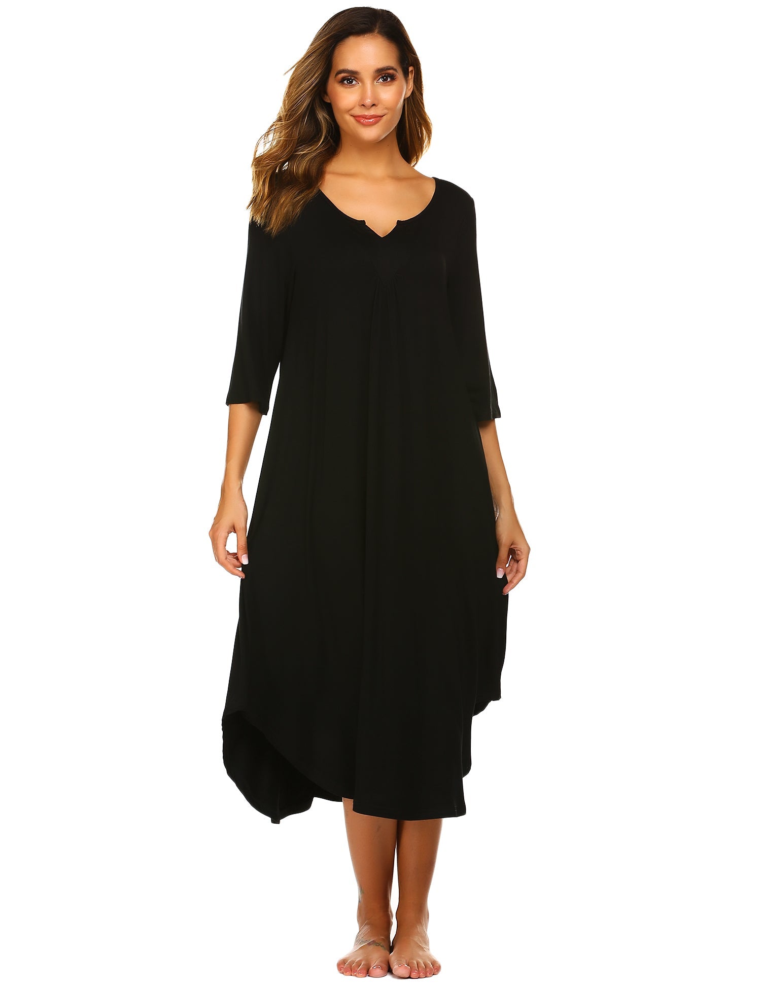 3/4 Sleeve Asymmetrical Hem Nightdress (US Only) Black Loungewear - Tophatter Daily Deals