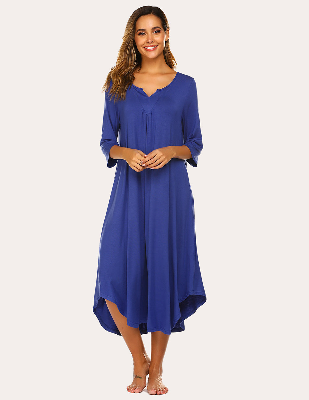 3/4 Sleeve Asymmetrical Hem Nightdress (US Only) Blue Loungewear - Tophatter Daily Deals