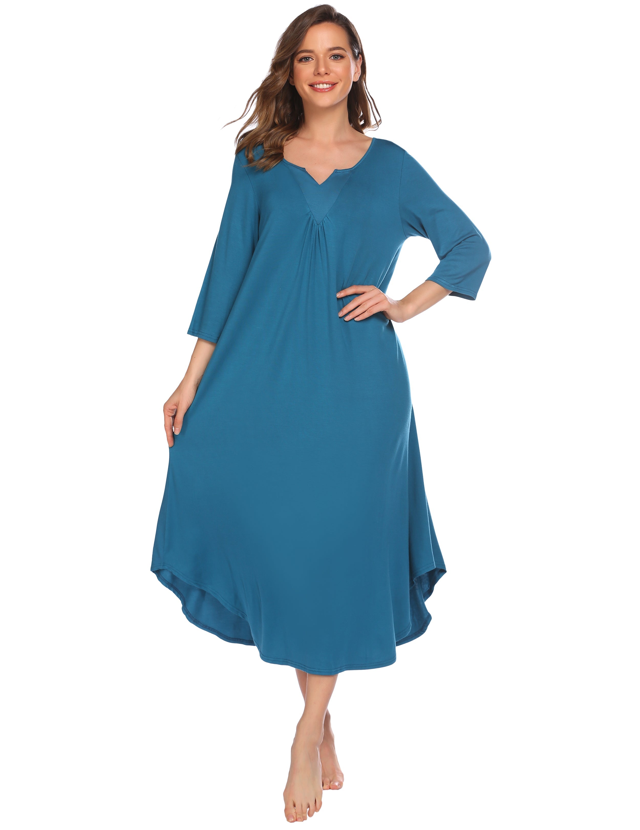 3/4 Sleeve Asymmetrical Hem Nightdress (US Only) Blue Green Loungewear - Tophatter Daily Deals