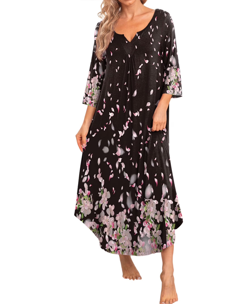 3/4 Sleeve Asymmetrical Hem Nightdress (US Only) Flower Loungewear - Tophatter Daily Deals