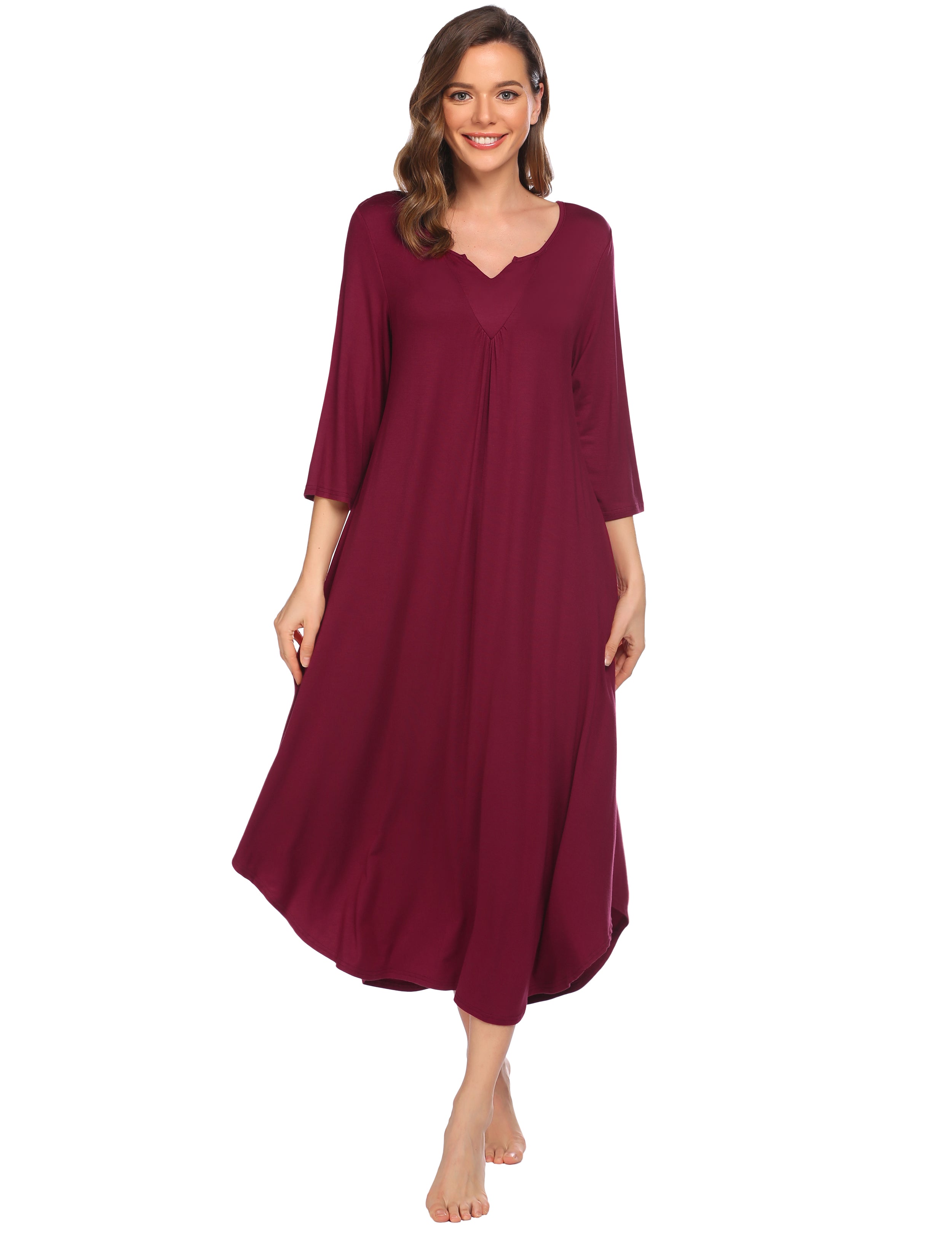 3/4 Sleeve Asymmetrical Hem Nightdress (US Only) Wine Red Loungewear - Tophatter Daily Deals