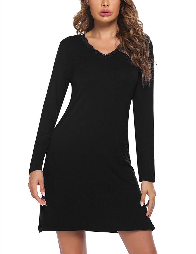 Long Sleeve Nightgowns Lace Night Dress (US Only) Black Loungewear - Tophatter Daily Deals