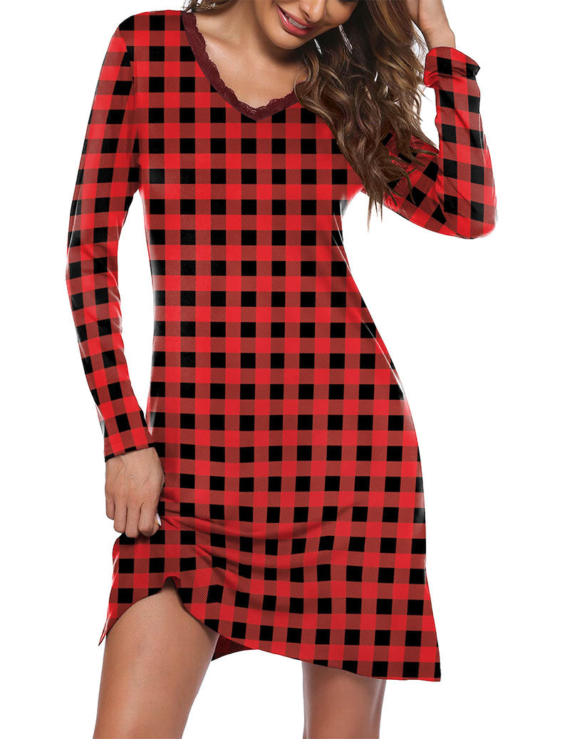 Long Sleeve Nightgowns Lace Night Dress (US Only) Plaid Loungewear - Tophatter Daily Deals
