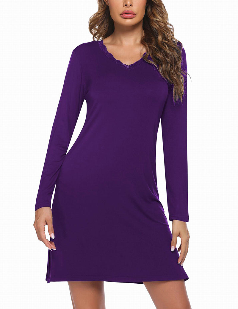 Long Sleeve Nightgowns Lace Night Dress (US Only) Purple Loungewear - Tophatter Daily Deals