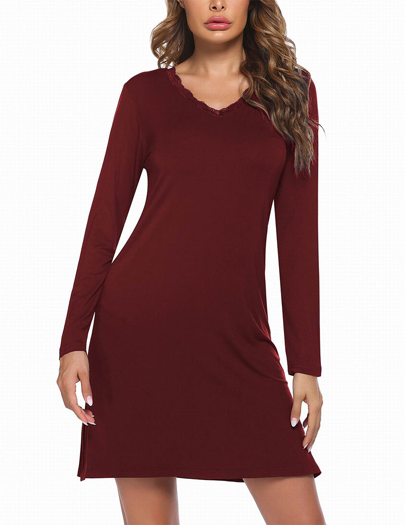 Long Sleeve Nightgowns Lace Night Dress (US Only) Wine Red Loungewear - Tophatter Daily Deals