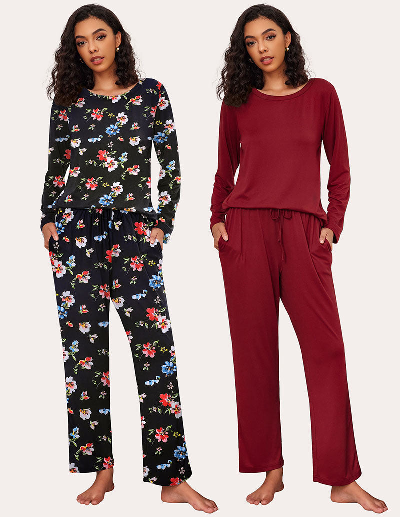 Ekouaer Premium Soft 2 Pack Long Sleeve Pajama Set (US Only) Wine Red Black Flower Sleepwears-Pajamas Sets - Tophatter Daily Deals