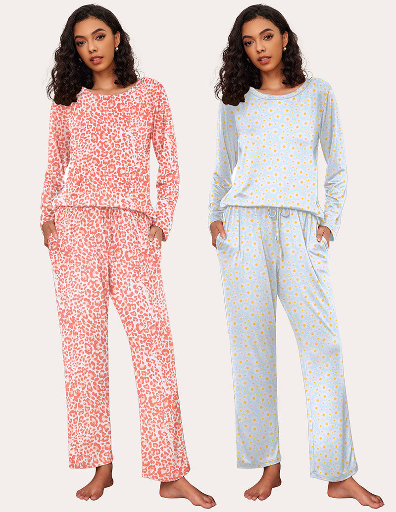 Ekouaer Premium Soft 2 Pack Long Sleeve Pajama Set (US Only) Leopard Daisies Sleepwears-Pajamas Sets - Tophatter Daily Deals