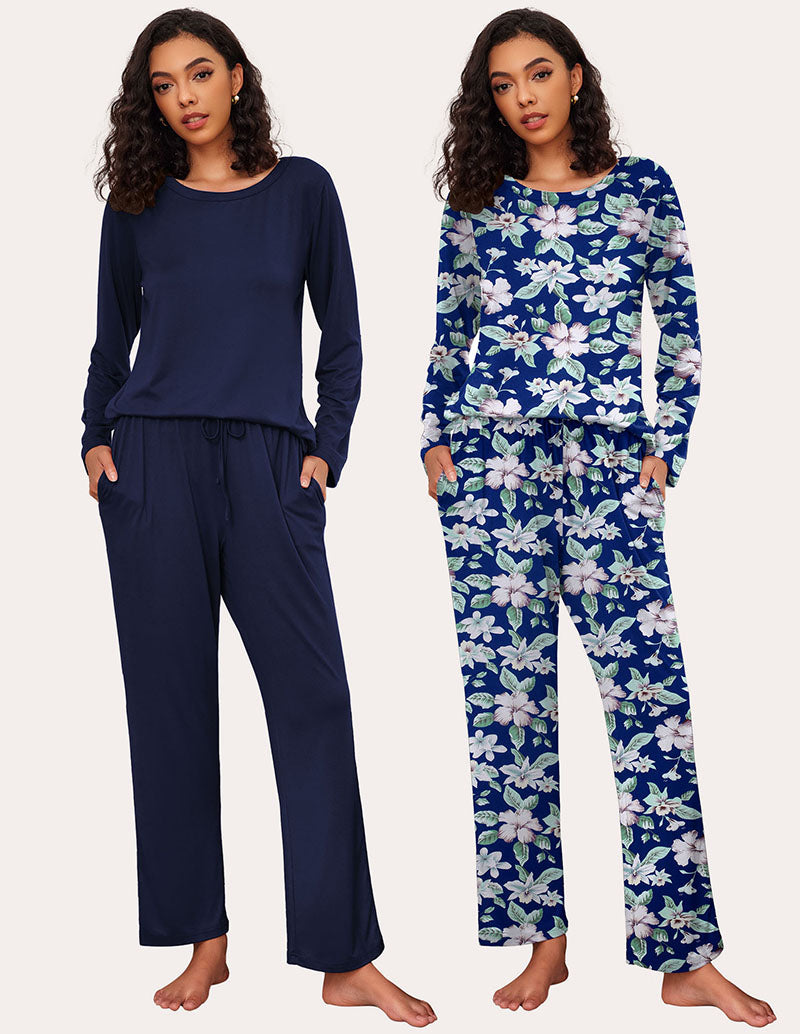 Ekouaer Premium Soft 2 Pack Long Sleeve Pajama Set (US Only) Navy Navy Flower Sleepwears-Pajamas Sets - Tophatter Daily Deals