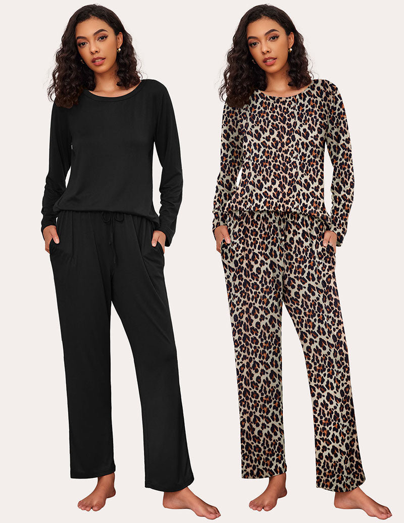Ekouaer Premium Soft 2 Pack Long Sleeve Pajama Set (US Only) Black Leopard Sleepwears-Pajamas Sets - Tophatter Daily Deals