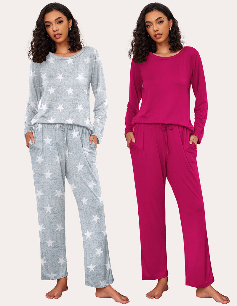 Ekouaer Premium Soft 2 Pack Long Sleeve Pajama Set (US Only) Rose Red Gray Star Sleepwears-Pajamas Sets - Tophatter Daily Deals