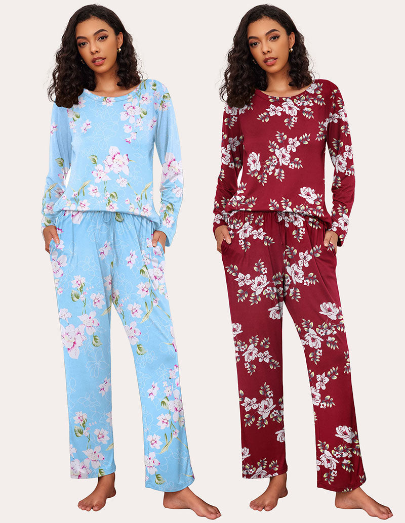 Ekouaer Premium Soft 2 Pack Long Sleeve Pajama Set (US Only) Blue Flower Wine Red Flower Sleepwears-Pajamas Sets - Tophatter Daily Deals