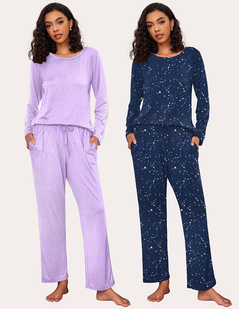 Ekouaer Premium Soft 2 Pack Long Sleeve Pajama Set (US Only) Purple Dots Navy Star Sleepwears-Pajamas Sets - Tophatter Daily Deals