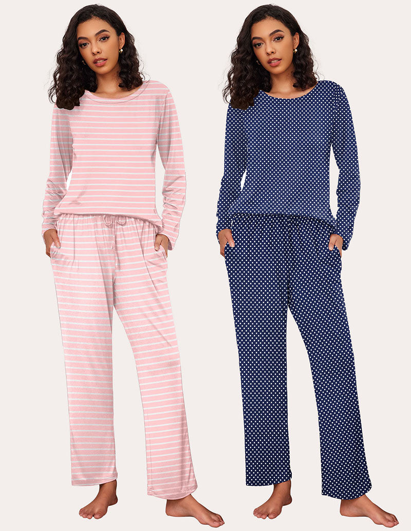 Ekouaer Premium Soft 2 Pack Long Sleeve Pajama Set (US Only) Pink Stripe Navy Dots Sleepwears-Pajamas Sets - Tophatter Daily Deals
