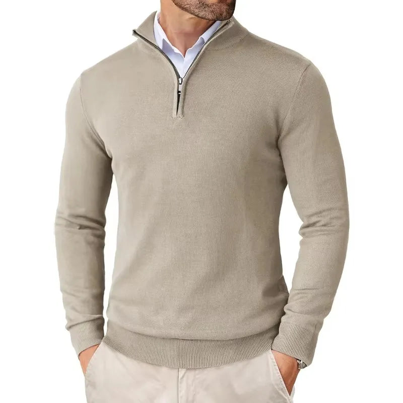 Lightweight Classic Men’s Knit Sweater - Zip Collar, Cotton Beige - Tophatter Daily Deals