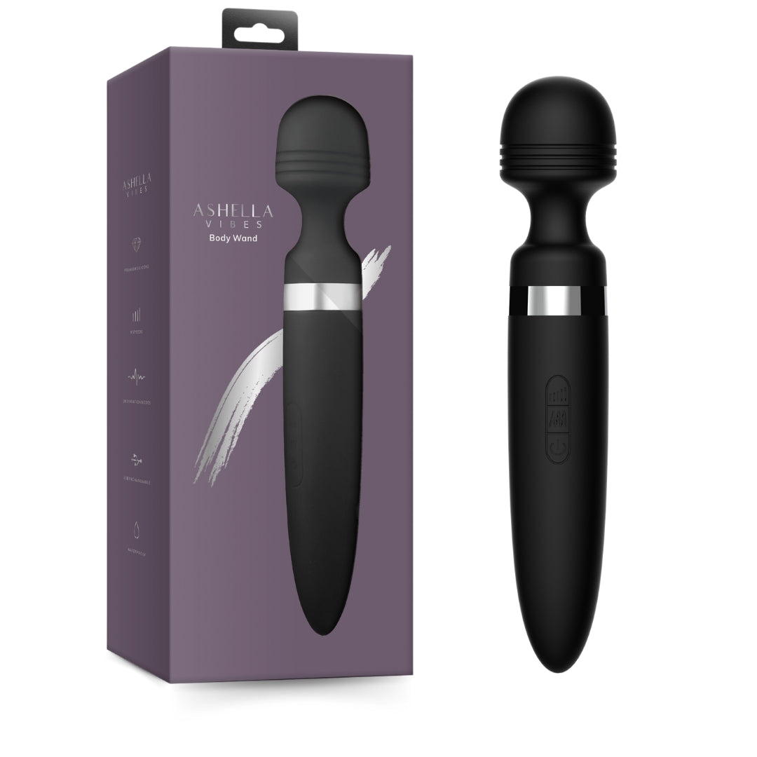 Ashella Vibes Body Wand Black Silicone Massager with 8 Speeds and 20 Vibration Modes Waterproof > Sex Toys > Massage Wands - Tophatter Daily Deals