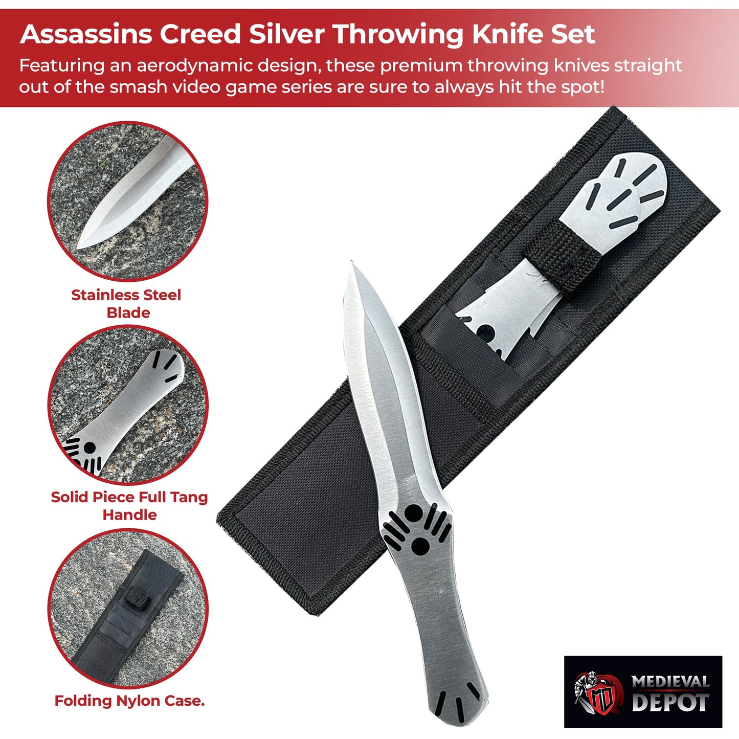 Assassins Creed Brotherhood Silver 3 Piece Throwing Knife Set knives - Tophatter Daily Deals