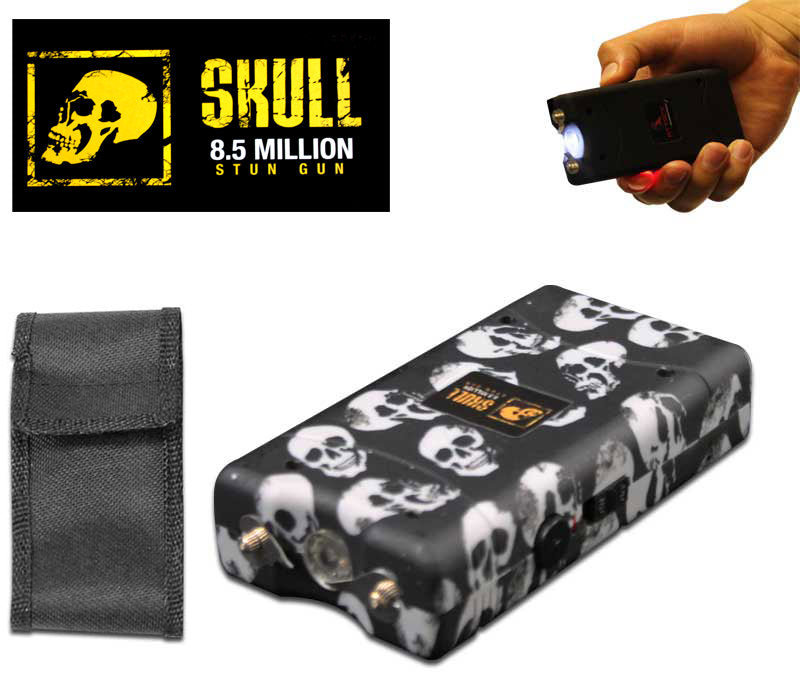 Grey Skull Self Defense Stun Gun 850K Volt Rechargeable LED Flashlight - TOPHATTER'S ARMORY DEALS Collectible Weapons - Tophatter Daily Deals