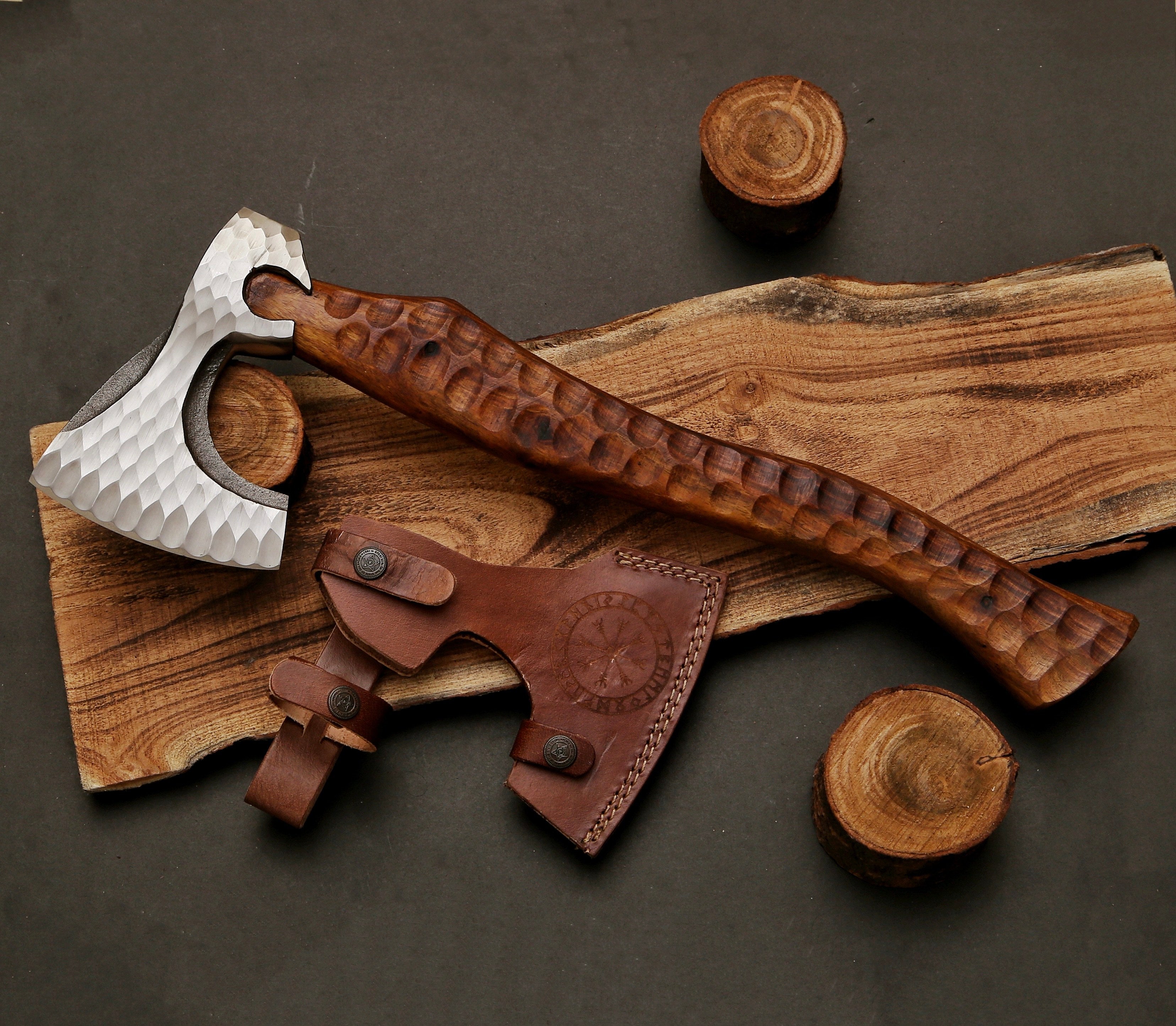 Custom Hand Forged Carbon Steel Axe with Rose Wood Shaft - TOPHATTER'S ARMORY DEALS Collectible Weapons - Tophatter Daily Deals