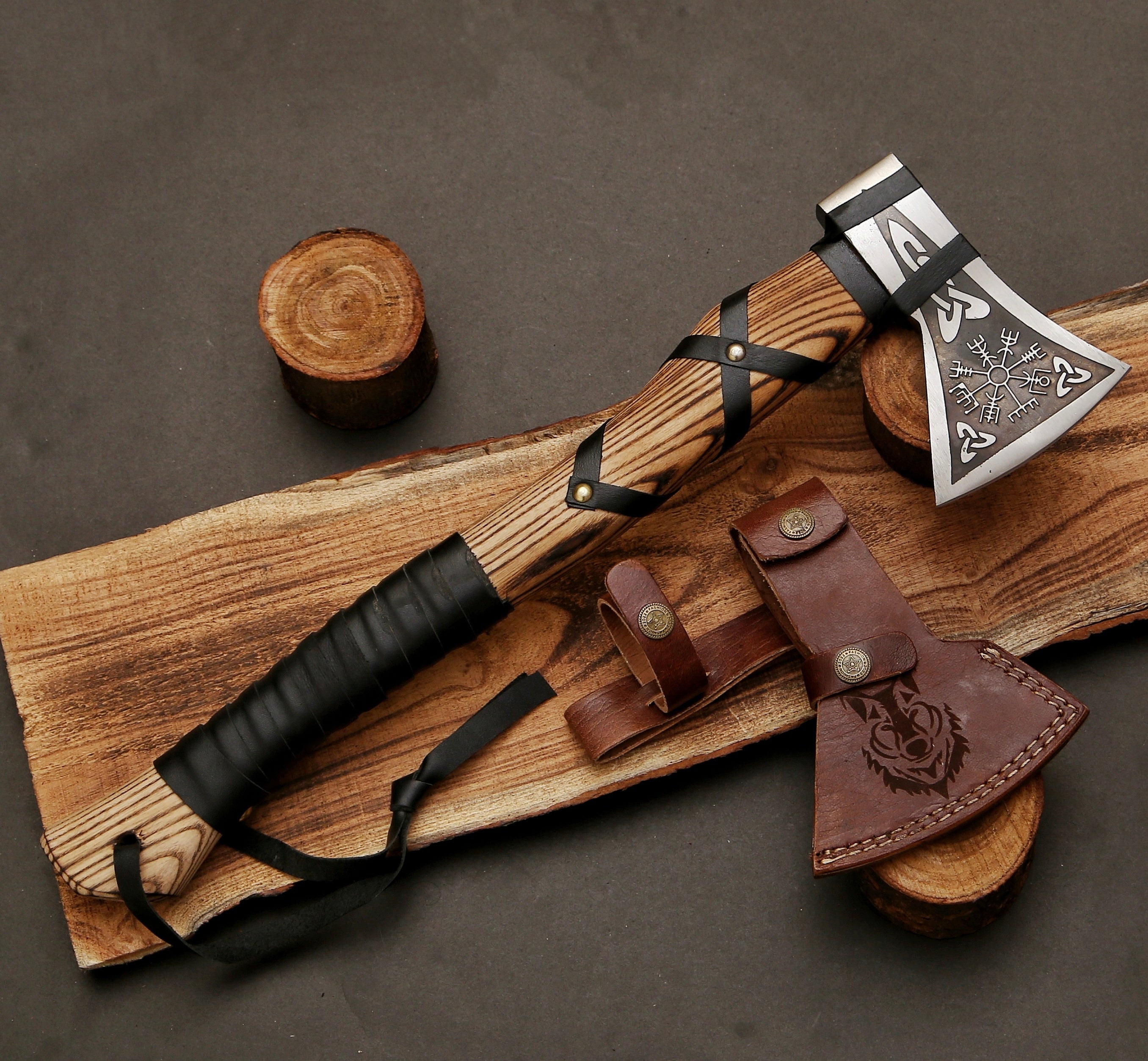 Hand Forged Vegvisir Viking Compass Axe - Tophatter's Guns'N'Weapons Store Collectible Weapons - Tophatter Daily Deals