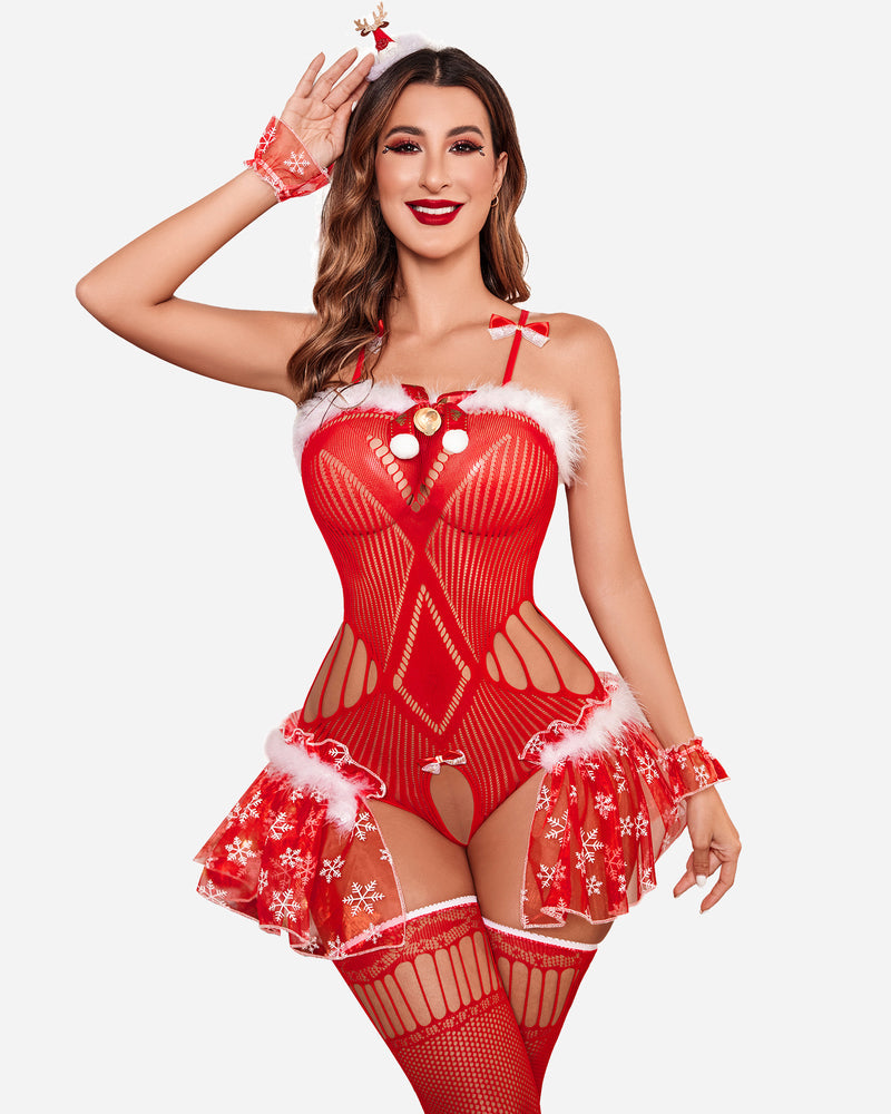 Christmas Red Lace Bodysuit with Stockings Red1 One Size Lingeries-Bodysuits - Tophatter Daily Deals
