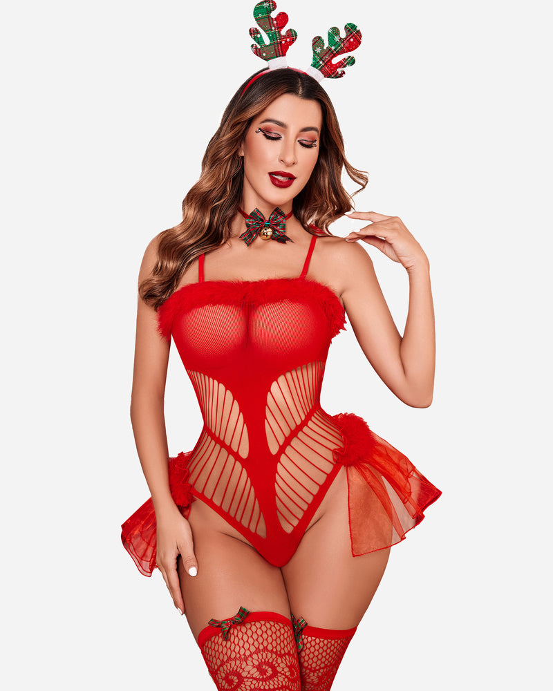 Christmas Red Lace Bodysuit with Stockings Red2 One Size Lingeries-Bodysuits - Tophatter Daily Deals