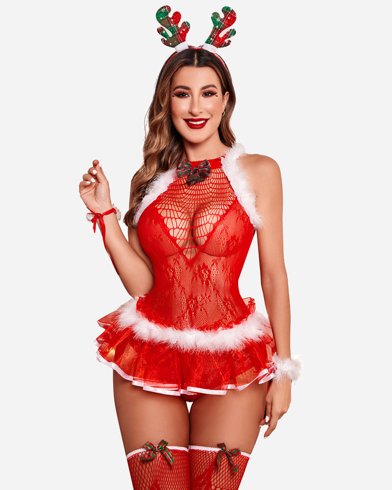 Christmas Red Lace Bodysuit with Stockings Red4 One Size Lingeries-Bodysuits - Tophatter Daily Deals