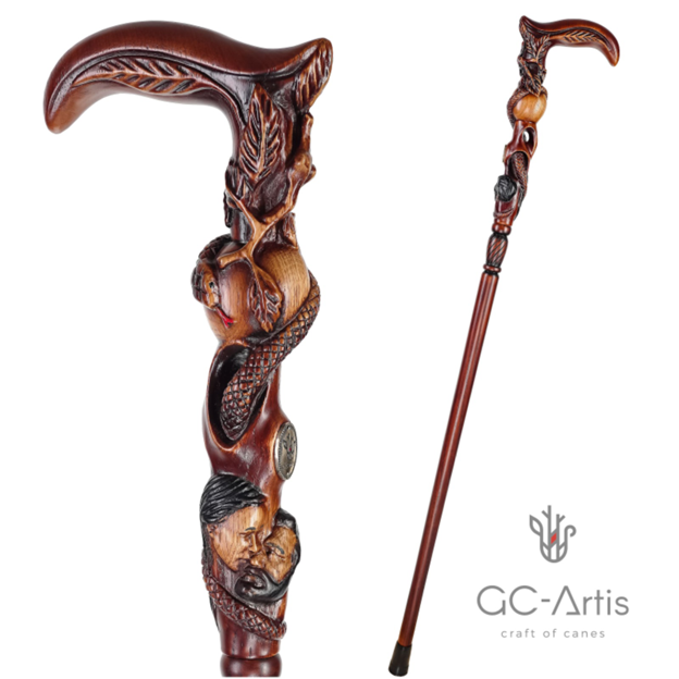Adam & Eve Carved Wood Cane: Unique Wood Handcarved Artisan Detail Hand Carved Artisan - Tophatter Daily Deals