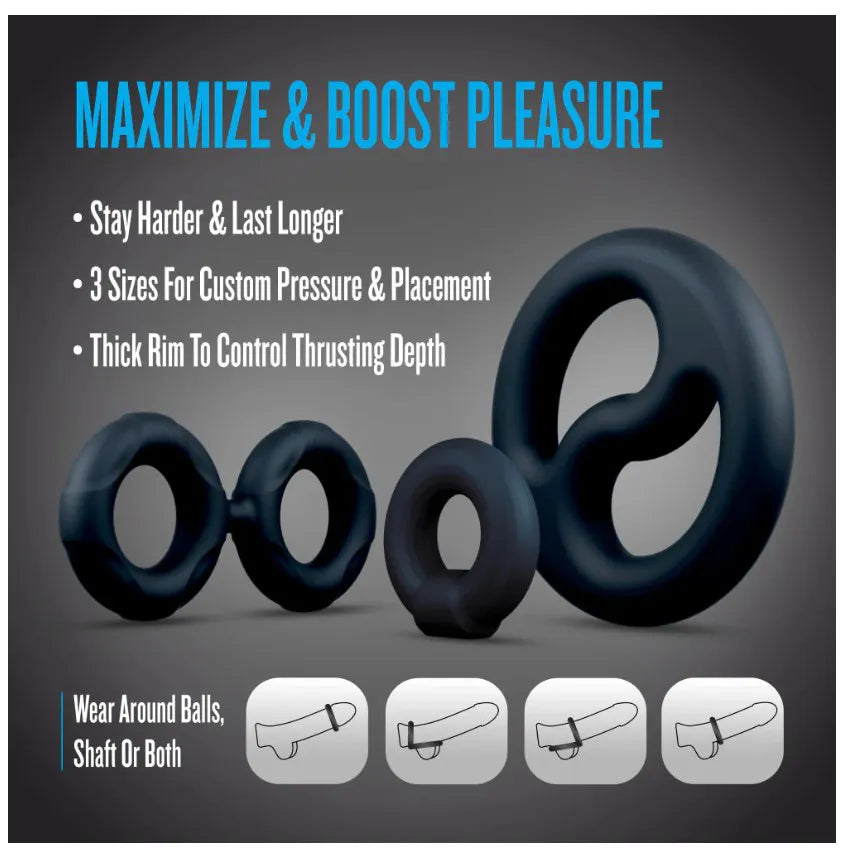 Performance Plus Throttle (Black) – Versatile 3-Ring Set Cock and Ball Stretcher > Cock Ring > Sets - Tophatter Daily Deals
