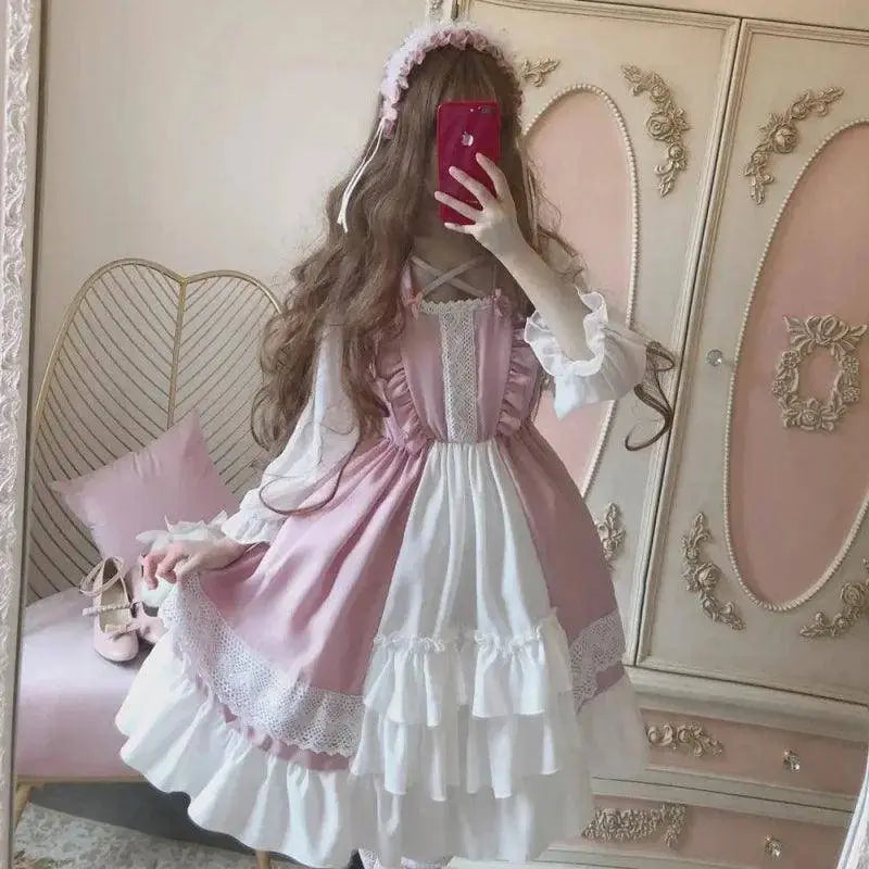 Alice In Wondeland Cute Women Lolita OP Dress Flouncing Lace Trim Japanese Harajuku Long Sleeves Doll Teen Dress Fairy Vestidos - Tophatter Daily Deals