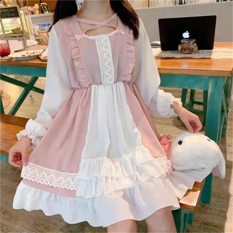 Alice In Wondeland Cute Women Lolita OP Dress Flouncing Lace Trim Japanese Harajuku Long Sleeves Doll Teen Dress Fairy Vestidos Long sleeves One Size - Tophatter Daily Deals