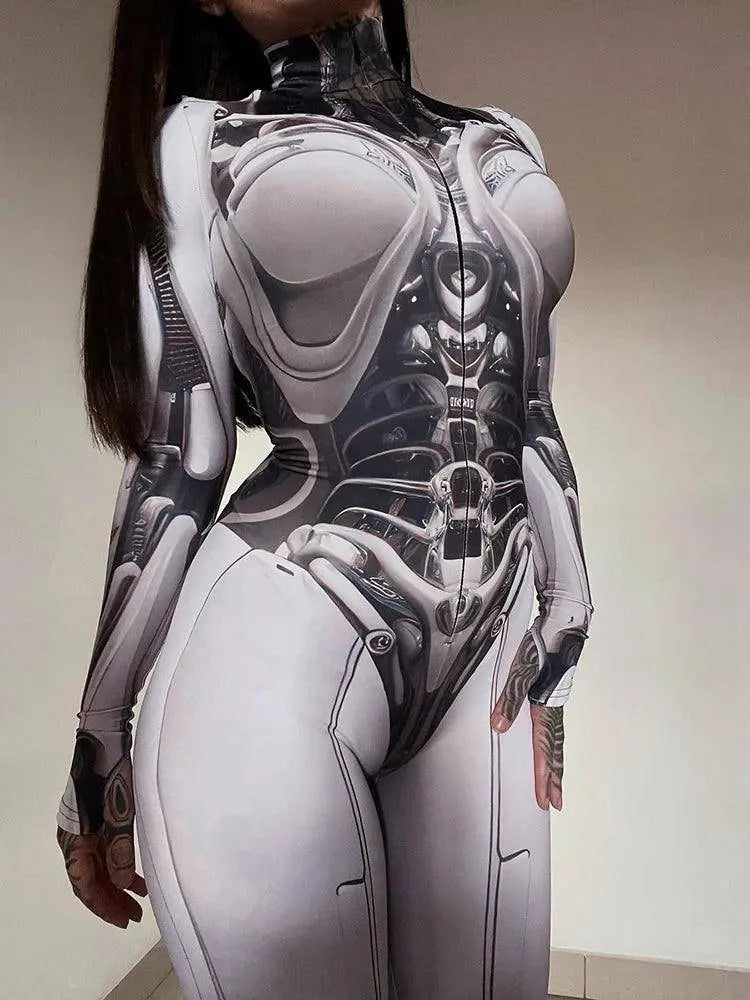 AltGoth Cyberpunk Cosplay Bodycon Jumpsuit Women Streetwear Y2k Mall Gothic 3D Printed Long Sleeve Playsuits Emo Anime Clothes Grey - Tophatter Daily Deals