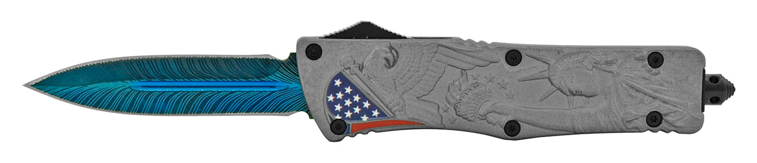 USA Liberty OTF Knife Flag and Eagle Red White & Blue - Tanto Xtreme Grey - Blue Feather Dagger Knife-OTF - Tophatter Daily Deals