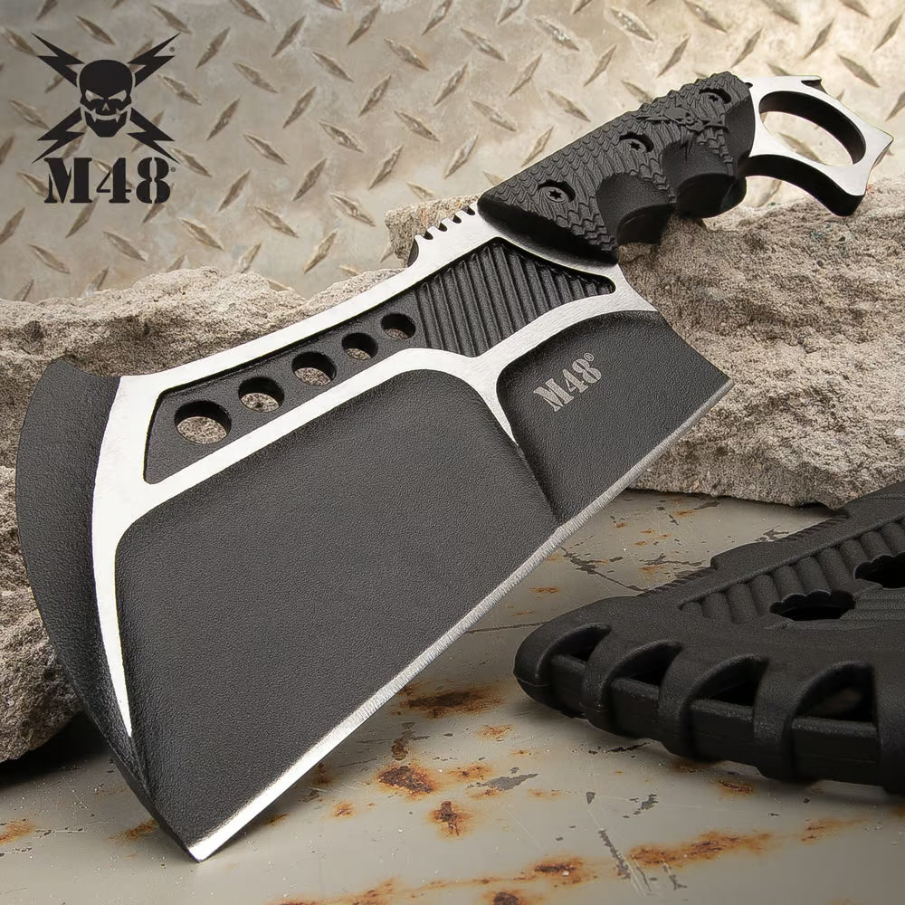 M48 Conflict Cleaver With Vortec Sheath - 2Cr13 Cast Stainless Steel Blade, Injection Molded Nylon Handle, Open Ring Pommel - Length 11 1/4” - Tophatter Daily Deals
