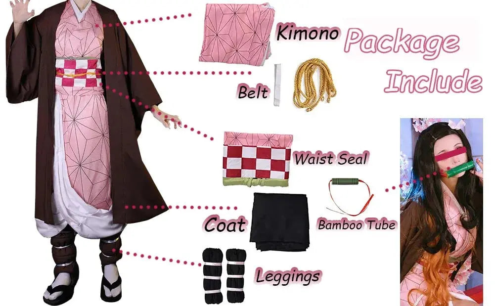 Anime Demon Slayer Kamado Nezuko Cosplay Costume Kimono Kimetsu No Yaiba Cosplay Wigs Hairs Halloween Carnival Women Outfit - Tophatter Daily Deals