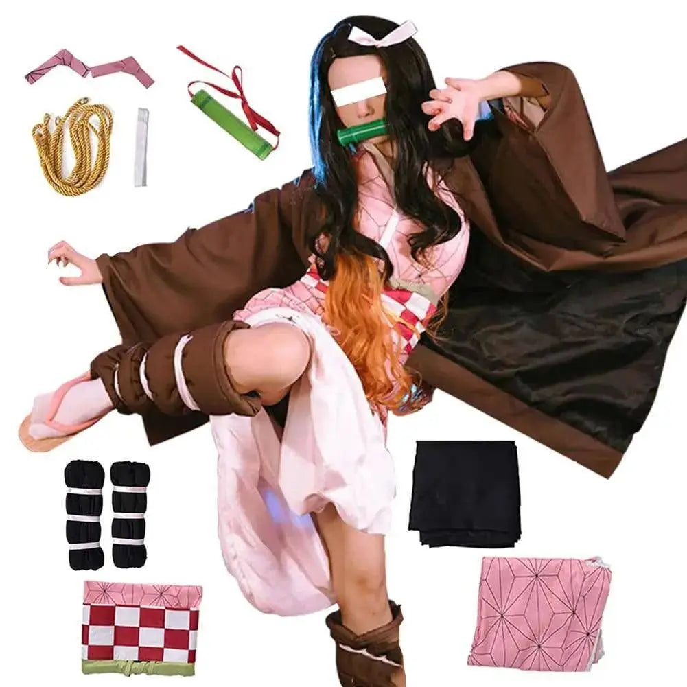 Anime Demon Slayer Kamado Nezuko Cosplay Costume Kimono Kimetsu No Yaiba Cosplay Wigs Hairs Halloween Carnival Women Outfit - Tophatter Daily Deals