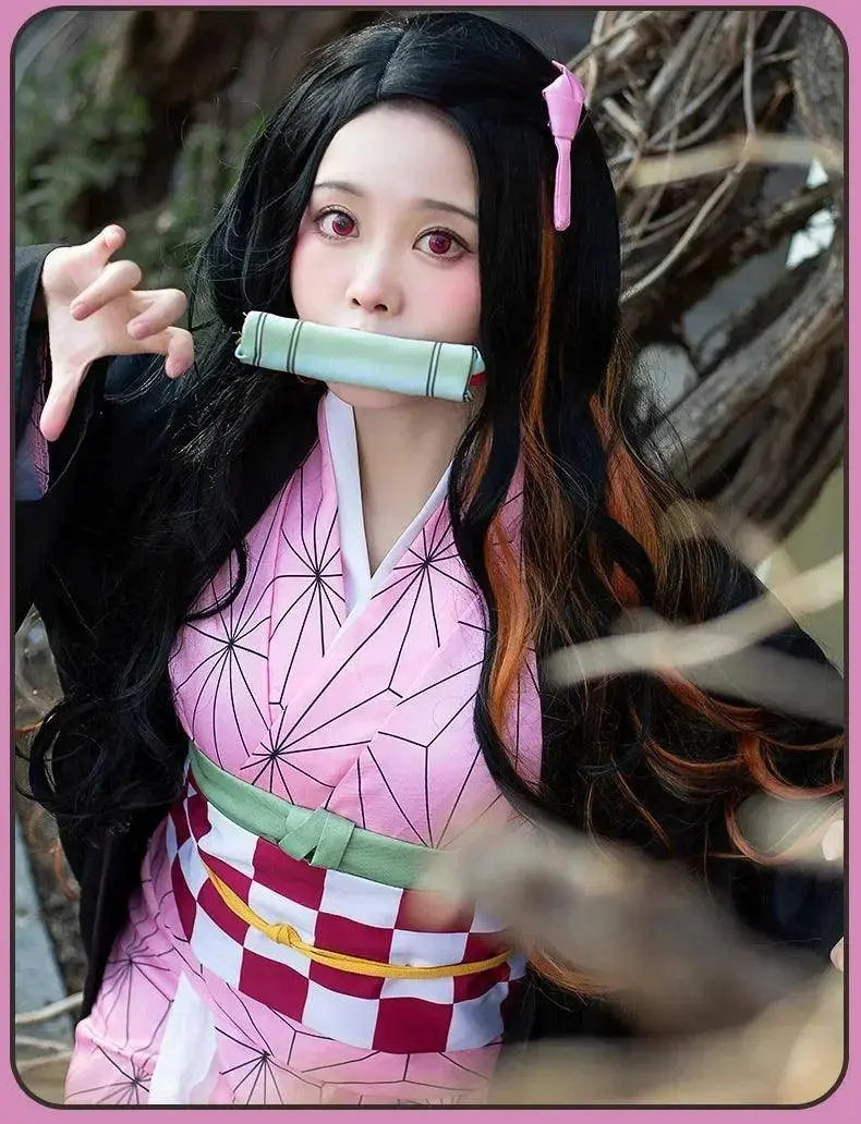 Anime Demon Slayer Kamado Nezuko Cosplay Costume Kimono Kimetsu No Yaiba Cosplay Wigs Hairs Halloween Carnival Women Outfit - Tophatter Daily Deals