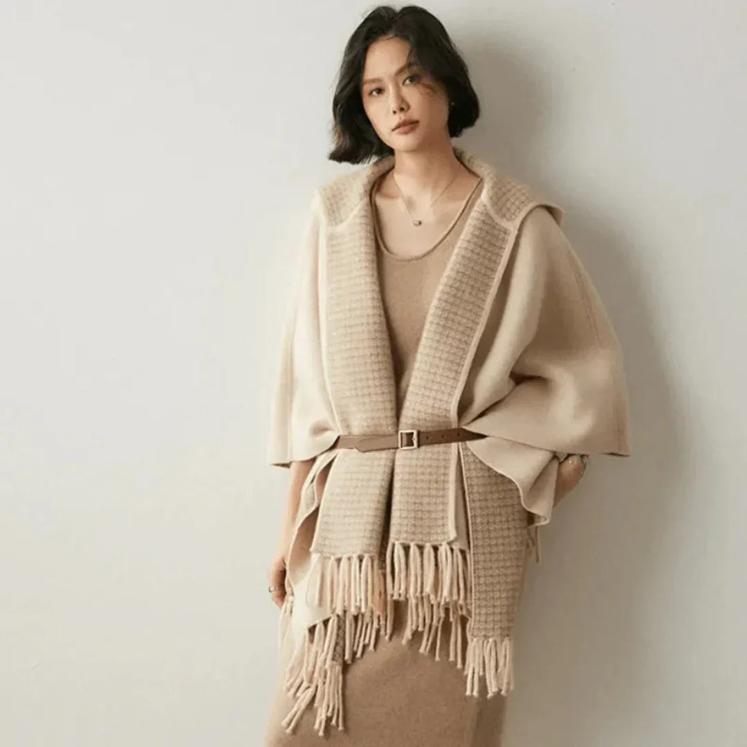 Lightweight Cozy Women's Poncho - Hooded Draped, Cashmere Beige - Tophatter Daily Deals