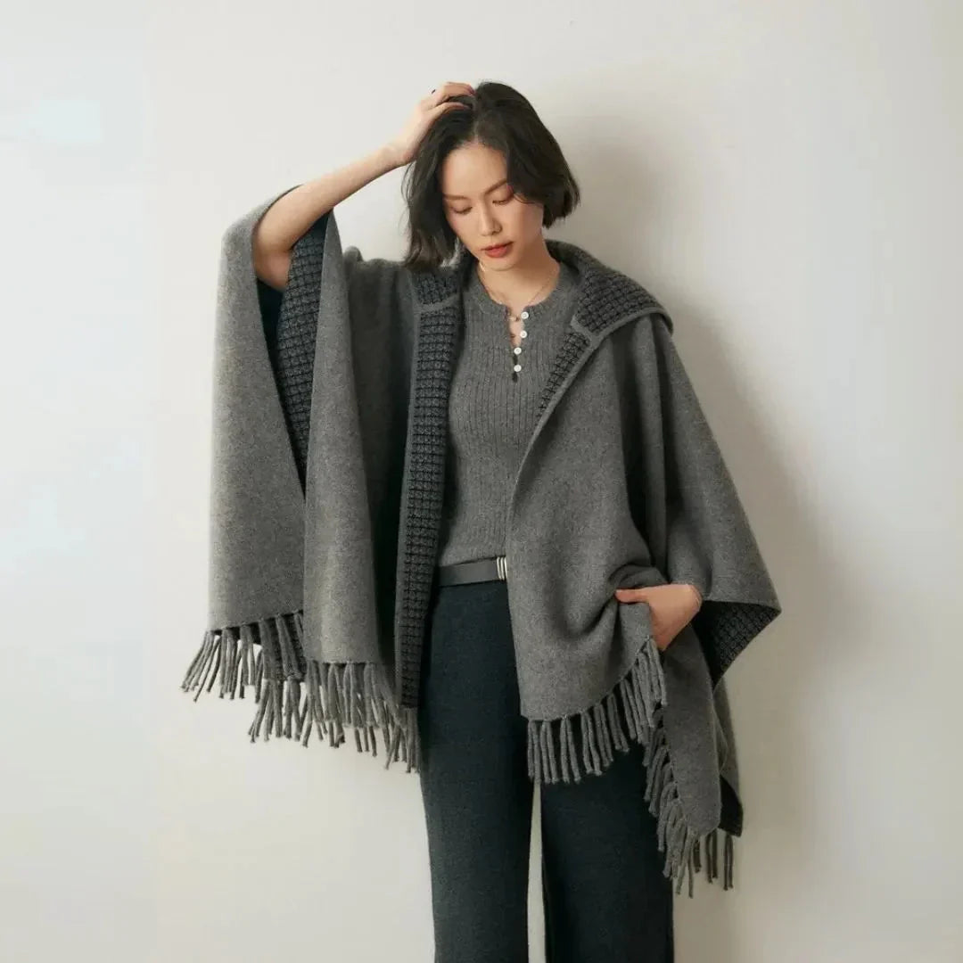 Lightweight Cozy Women's Poncho - Hooded Draped, Cashmere Dark Gray - Tophatter Daily Deals