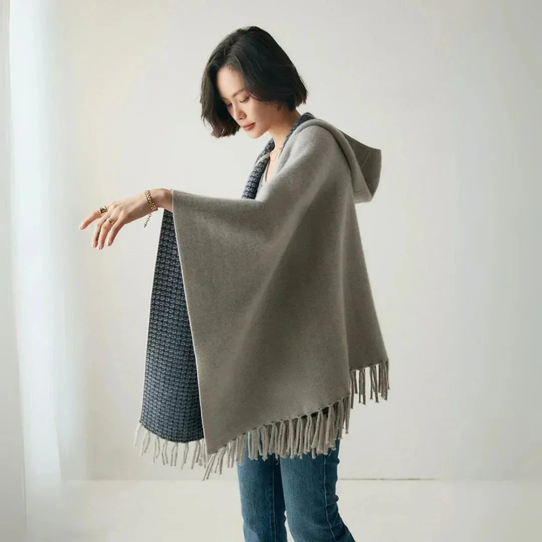 Lightweight Cozy Women's Poncho - Hooded Draped, Cashmere Light Gray - Tophatter Daily Deals