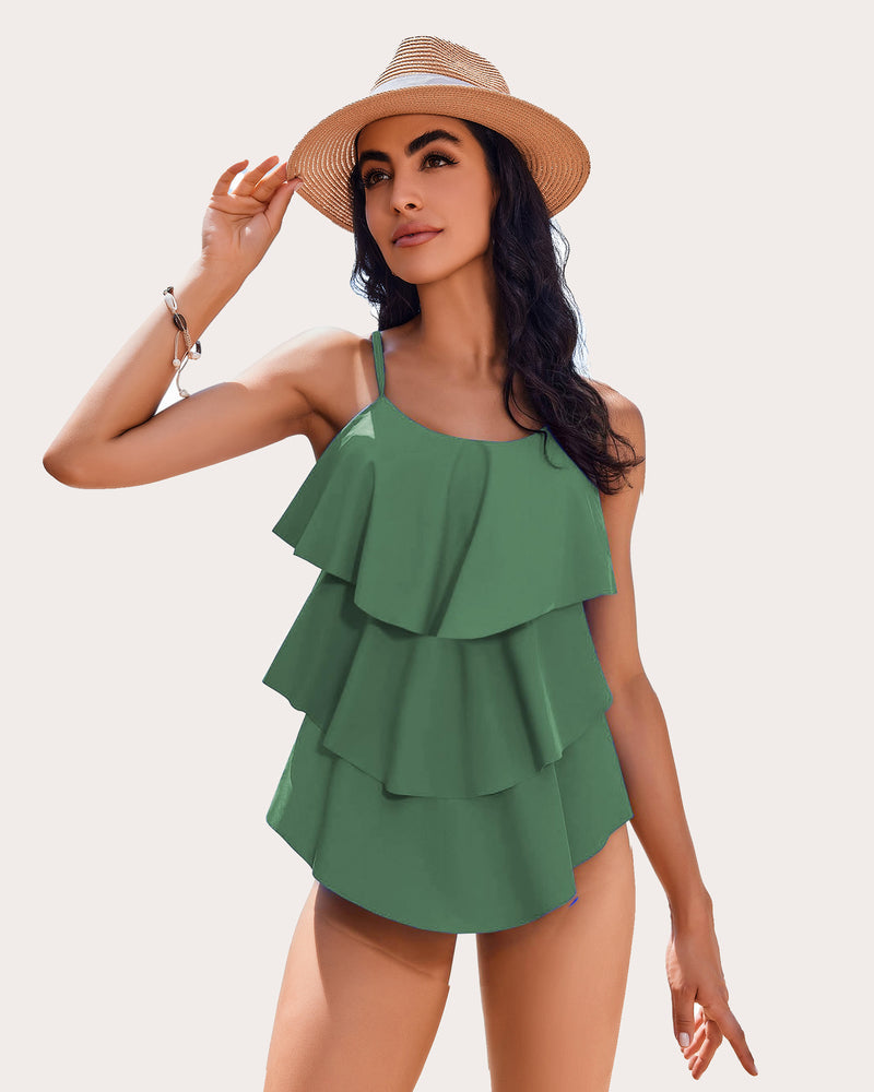 V-Neck Ruffle Layered Two Piece Swimsuits Army Green Swimsuits - Tophatter Daily Deals