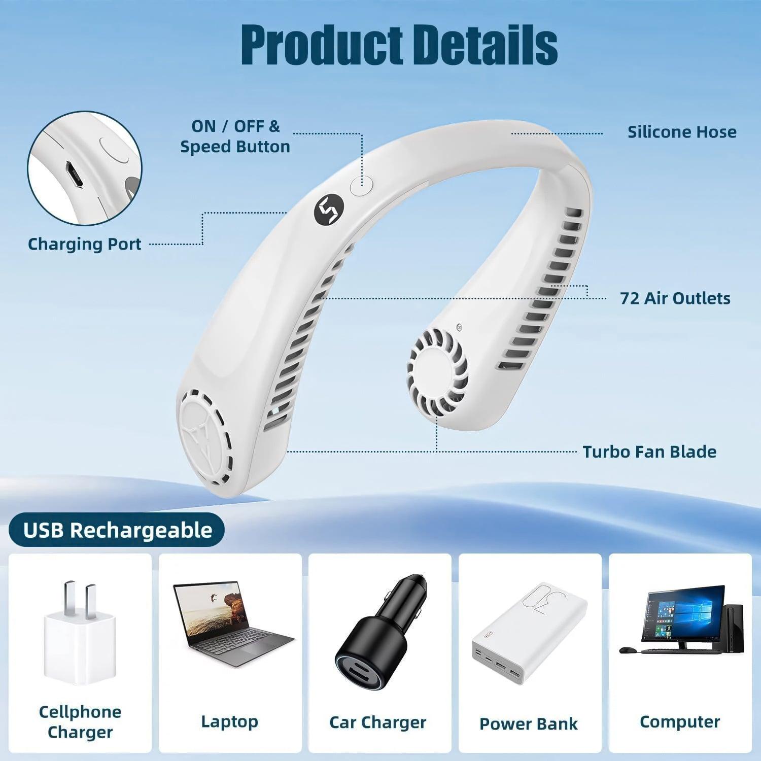 Portable Neck Fans - Portable 5 Speed Neck Fan USB Rechargeable Neckband Bladeless Cooler Apparel & Accessories - Tophatter Daily Deals