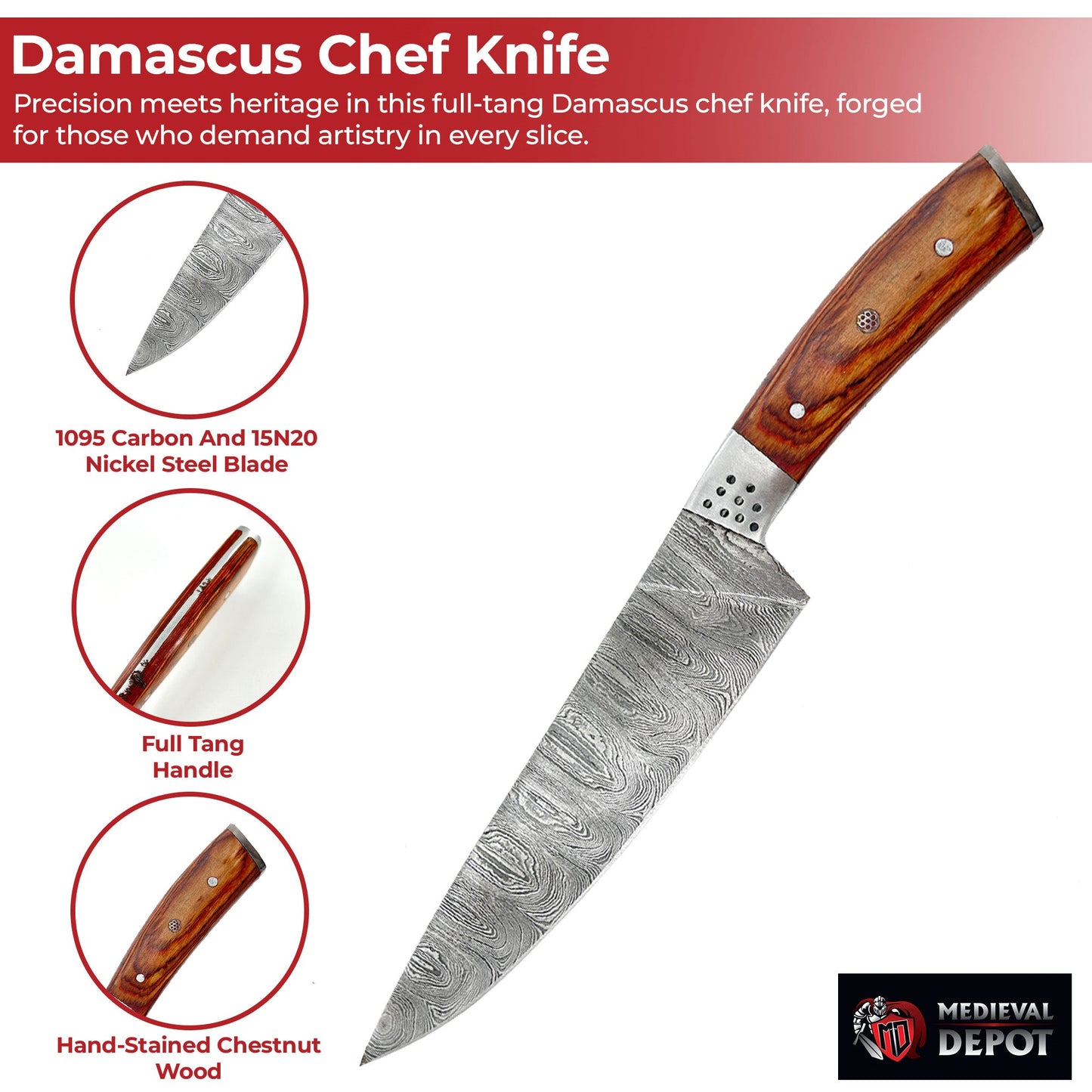 Artisan Forged Handcrafted Damascus Chef Knife with Chestnut Handle Kitchen Knife - Tophatter Daily Deals