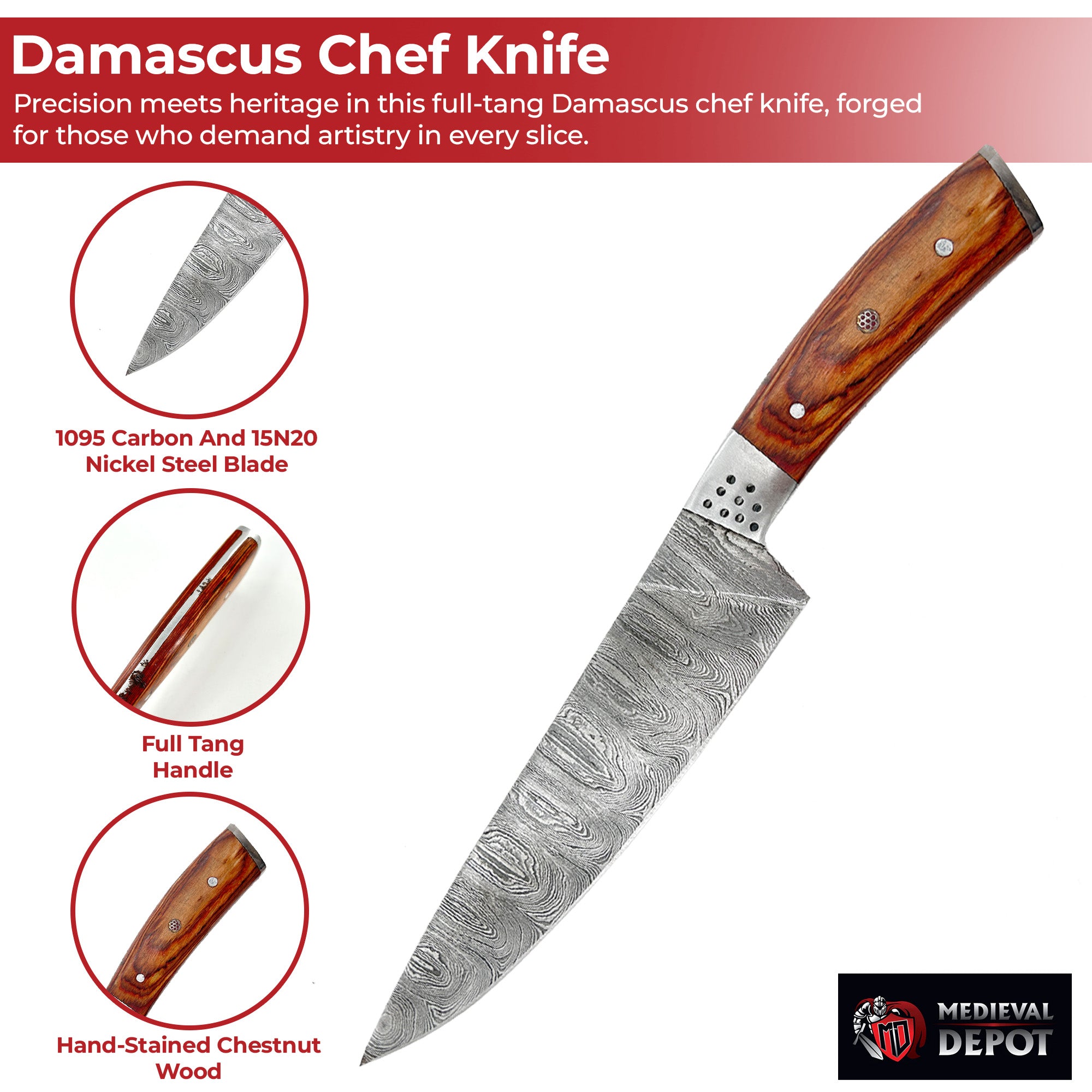 Artisan Forged Handcrafted Damascus Chef Knife with Chestnut Handle Kitchen Knife - Tophatter Daily Deals