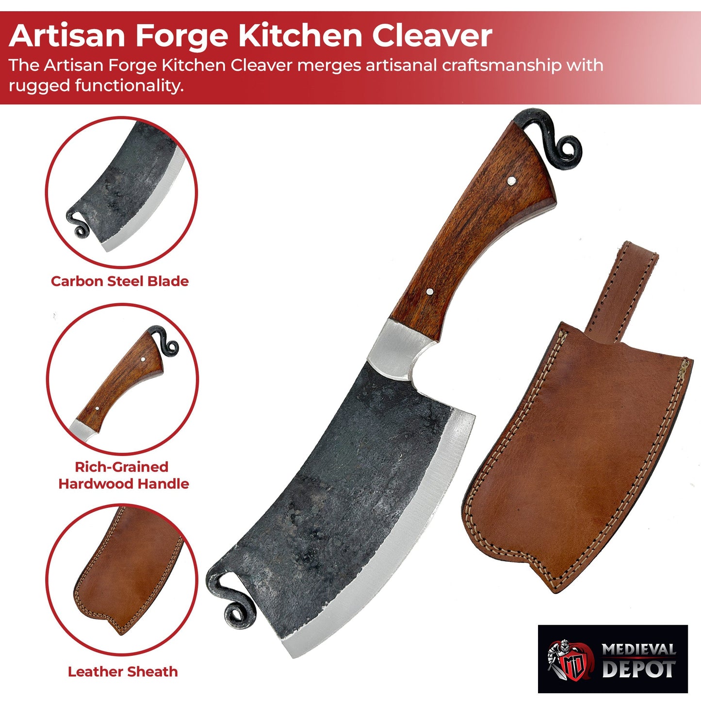 Artisan Forged Full Tang Kitchen Cleaver with Leather Sheath Kitchen Knife - Tophatter Daily Deals