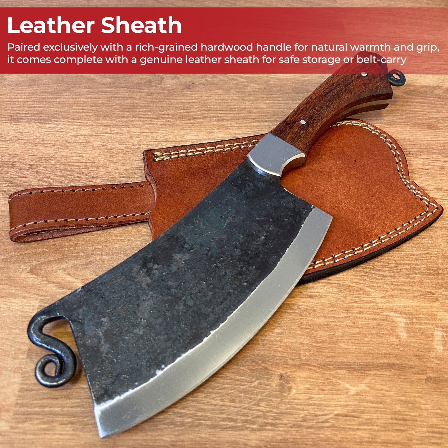 Artisan Forged Full Tang Kitchen Cleaver with Leather Sheath Kitchen Knife - Tophatter Daily Deals