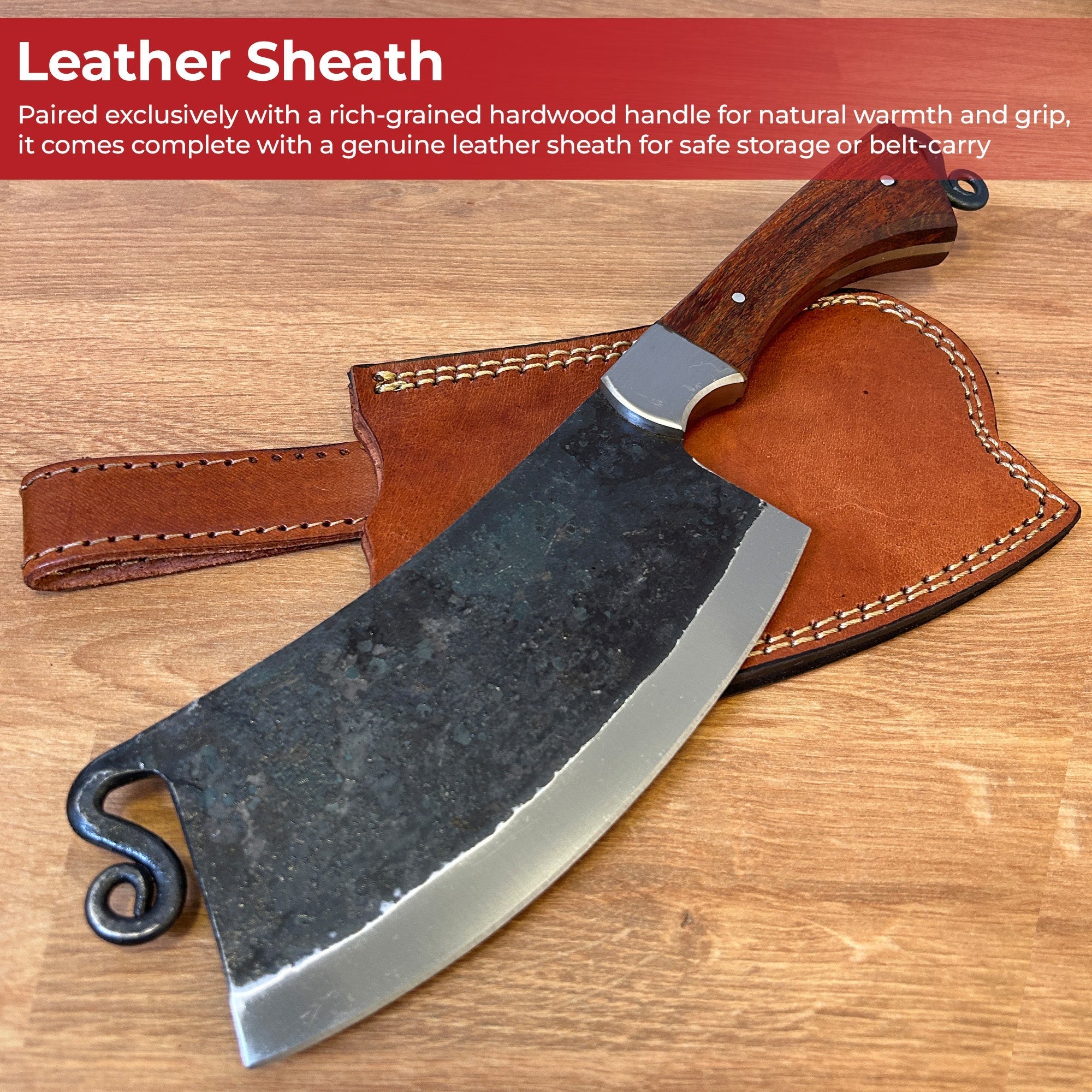 Artisan Forged Full Tang Kitchen Cleaver with Leather Sheath Kitchen Knife - Tophatter Daily Deals