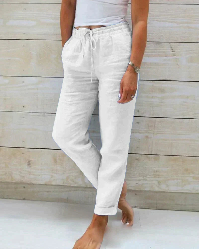 Breathable women's linen pants – relaxed fit, lightweight, for summer activities White Pants - Tophatter Daily Deals