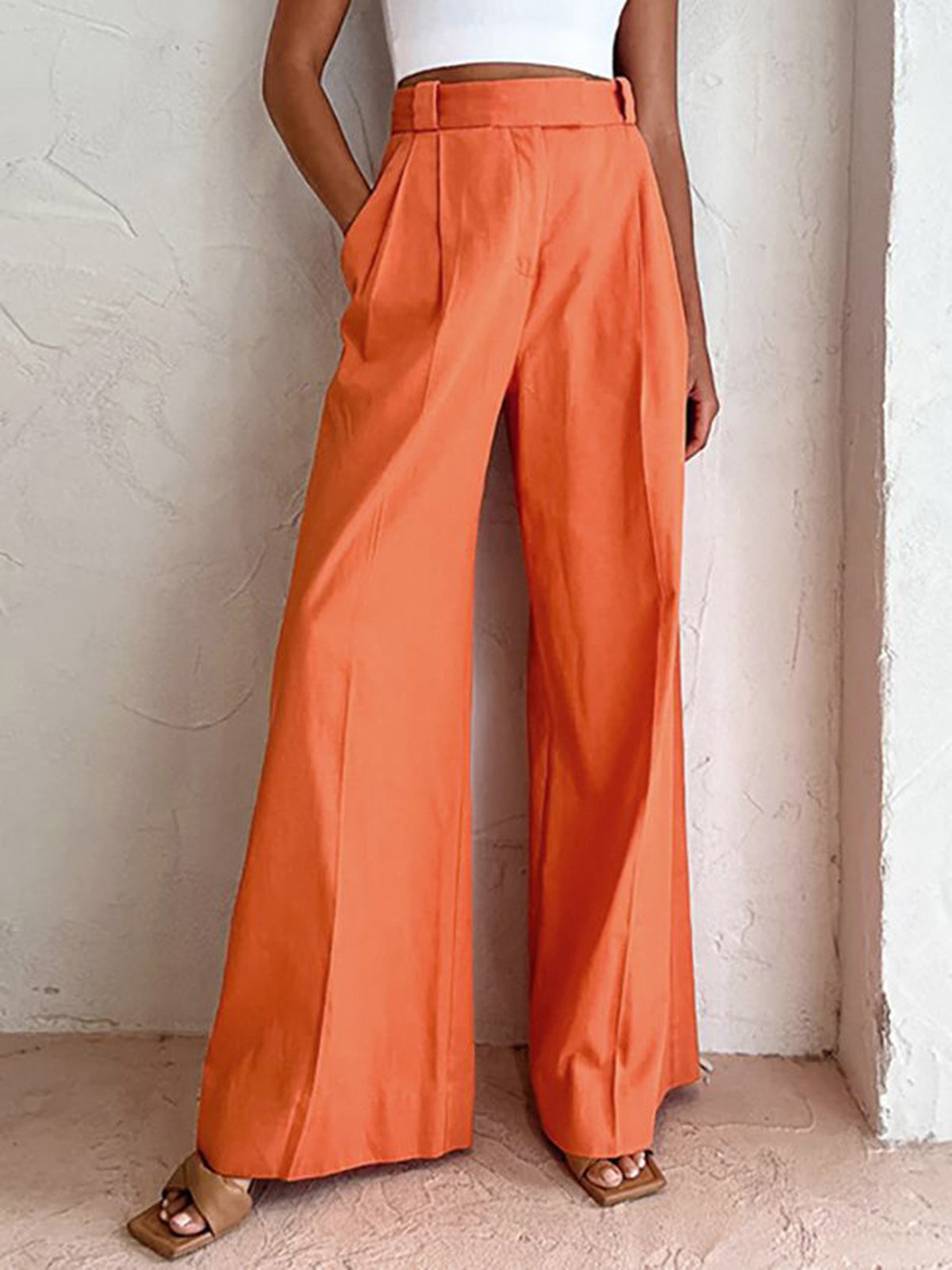 Breathable women's wide-leg pants – lightweight linen-cotton blend, for casual outings and travel Orange Casual pants - Tophatter Daily Deals