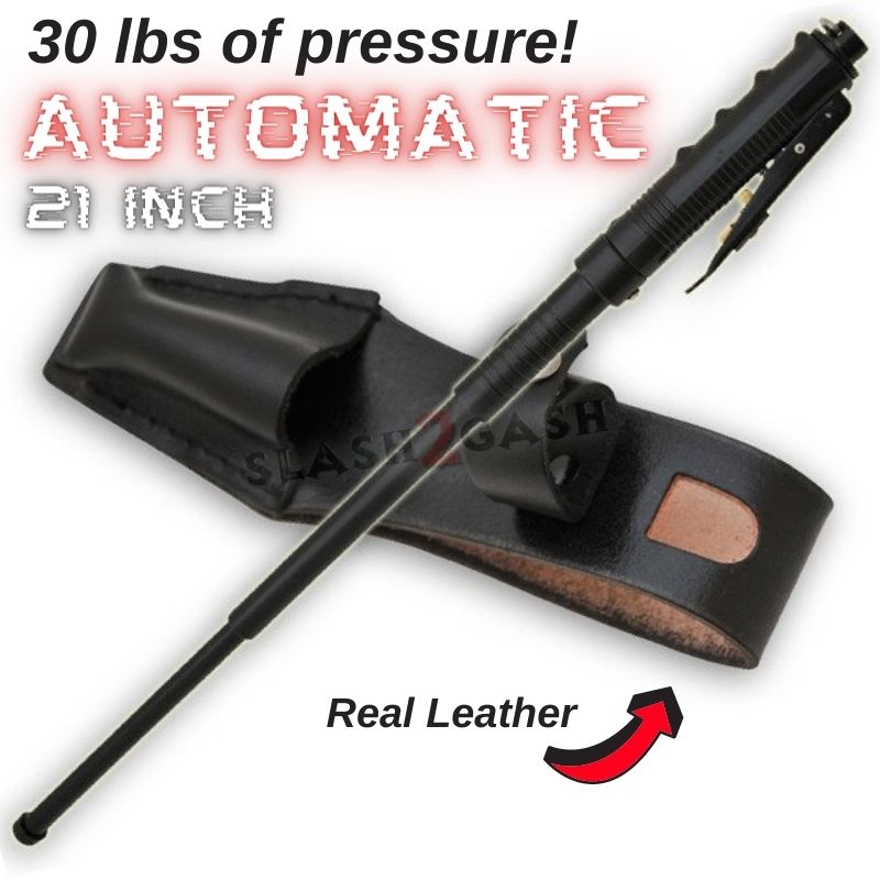 AUTOMATIC Baton Police Grade W/Leather Solid Metal Stick Chrome Black SD-Baton - Tophatter Daily Deals