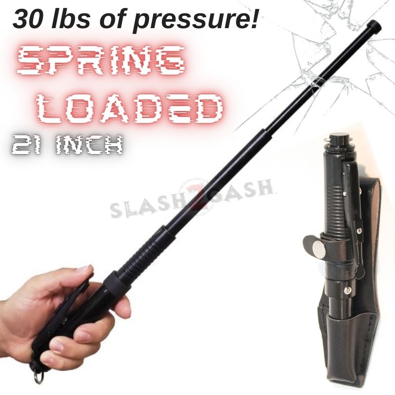 AUTOMATIC Baton Police Grade W/Leather Solid Metal Stick Black SD-Baton - Tophatter Daily Deals